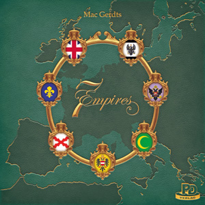 Cover of 7 Empires: icons for the seven empires in a ring over a map of Europe in shades of dark green