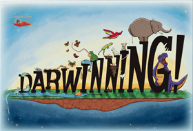 Cover of Darwinning! - A procession of animals along the letters of the game's name