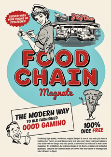 Cover of Food Chain Magnate: 1950s-style drawings of waitresses, diner and advertising material (extolling the game)