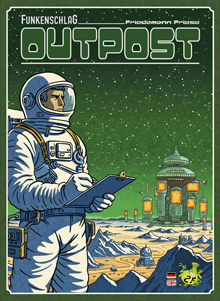 Cover of Funkenschlag/Power Grid: Outpost - a space-suited engineer with a clipboard, power plant in the background