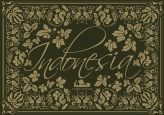 Cover of Indonesia: gold curlicues and flowers on a black background, framing the game's title