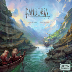 Cover of Pandoria 2nd ed - pointy-eared people paddle down a narrow river to where a sailing ship awaits