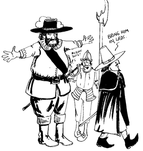 Two small guardsmen look worried when they're ordered to arrest a very large, bearded Musketeer