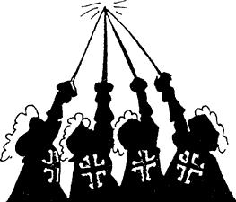 All for one and one for all! Four Musketeers stretch up to touch their swordtips together