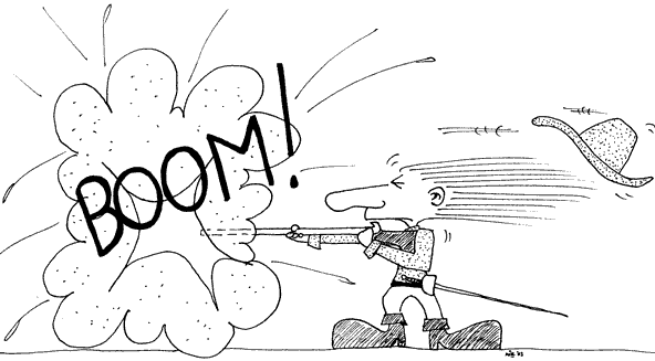 BOOM! A Musketeer's hat is blown off by the blast as he fires his weapon