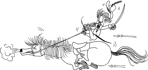 A Musketeer barely hangs on to the reins (but loses his hat) as his horse sprints flat-out