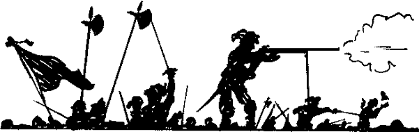 A battle scene in silhouette - swords,pikes, muskets and flags
