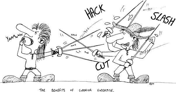 The benefits of superior expertise: a Musketeer effortlessly holds off his opponent's frantic attempts to attack