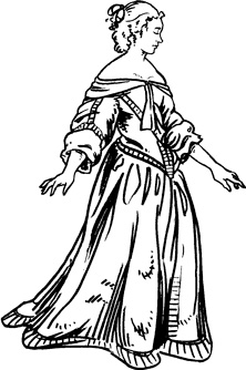A bare-headed woman in a long, 17th century frock