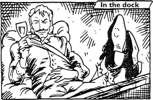 The accused sits back, props his feet on the side of the dock and assesses  his glass of champagne