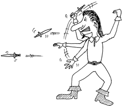 A hatless Musketeer hurls knives furiously