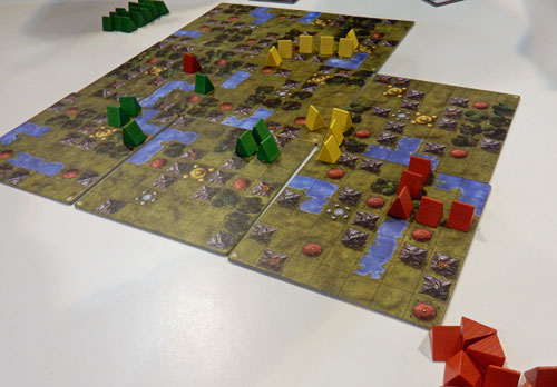 Playing Dokmus at Spiel '17: a bit of board shuffling has got red right over the other side