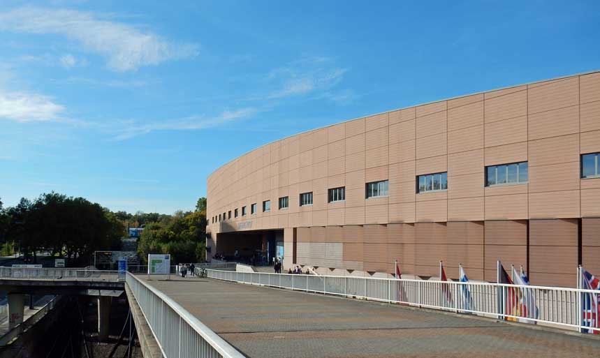 A view of the West entrance with the train tracks down below